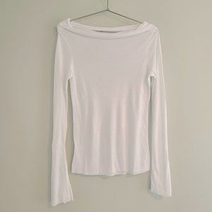 White Fitted Draped Collar Boatneck Long Flared Sleeve T Shirt Top Y2K Era